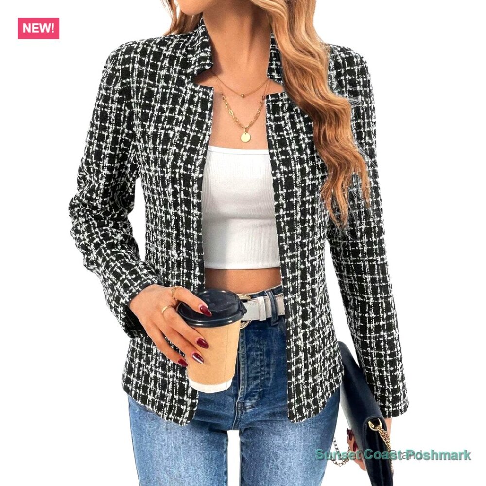 Slim Notched Plaid Tweed Blazer Open Front Long Sleeve Business Jacket